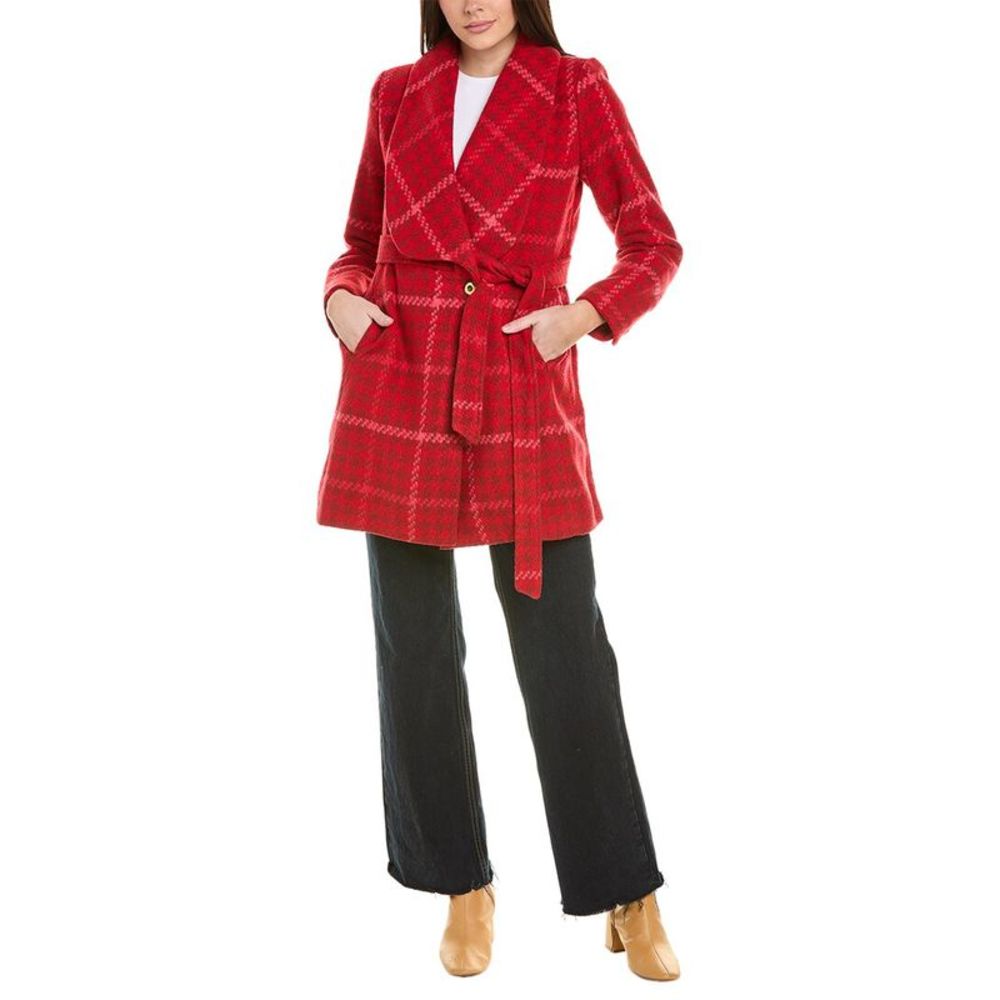 CAbi Red Plaid Belted Wool-Blend Coat